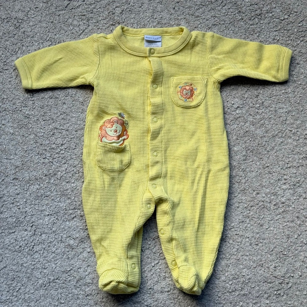 Vintage Y2K Sears Baby Yellow Waffle Knit Lion Footed Sleeper Snap Romper 3M